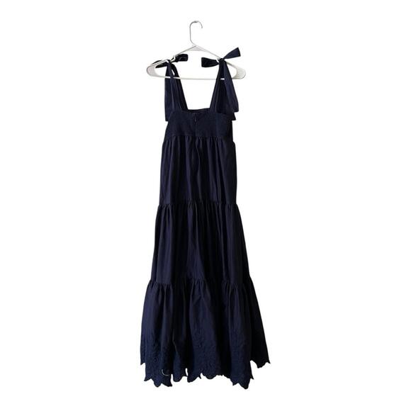 EUC Jason Wu Tiered Embroidered Eyelet Maxi Dress Shoulder Bow Ties Navy XS - Picture 4 of 8